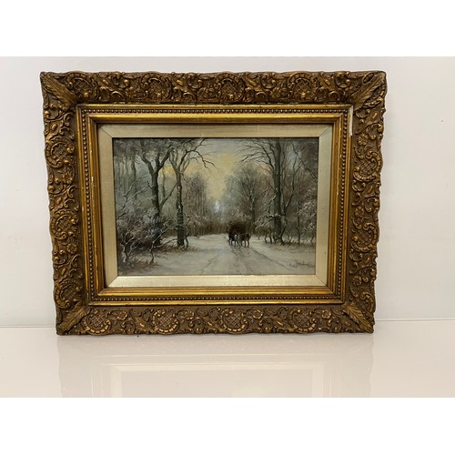 357 - Dutch oil painting on canvas in a gilt frame, Luis Apol  a Winter Woodland scene with a horse and ca... 