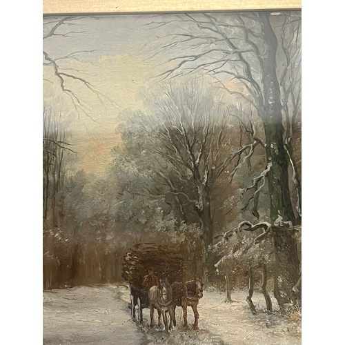 357 - Dutch oil painting on canvas in a gilt frame, Luis Apol  a Winter Woodland scene with a horse and ca... 