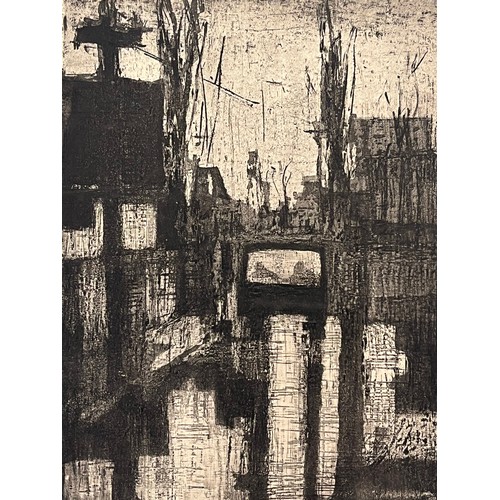 362 - Ink and charcoal drawing of an industrial street scene on a wet day. 29 cm x 23 cm.

This lot is ava... 