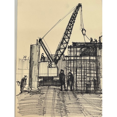 366 - Original sketch of a construction site with a crane at work. 36 cm x 25 cm.

This lot is available f... 