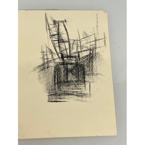 367 - Original charcoal sketch of a construction site crane at work. Very Sybil Andrews in style. 36 cm x ... 