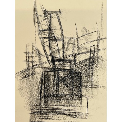 367 - Original charcoal sketch of a construction site crane at work. Very Sybil Andrews in style. 36 cm x ... 