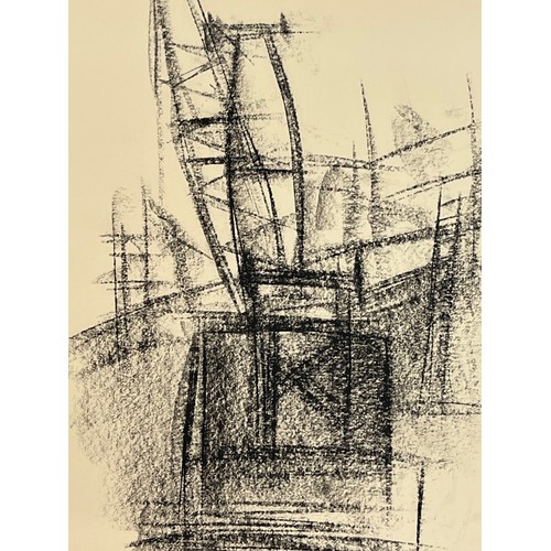 367 - Original charcoal sketch of a construction site crane at work. Very Sybil Andrews in style. 36 cm x ... 