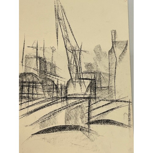 369 - Original charcoal sketch of a construction site crane at work set against surrounding buildings. 36 ... 