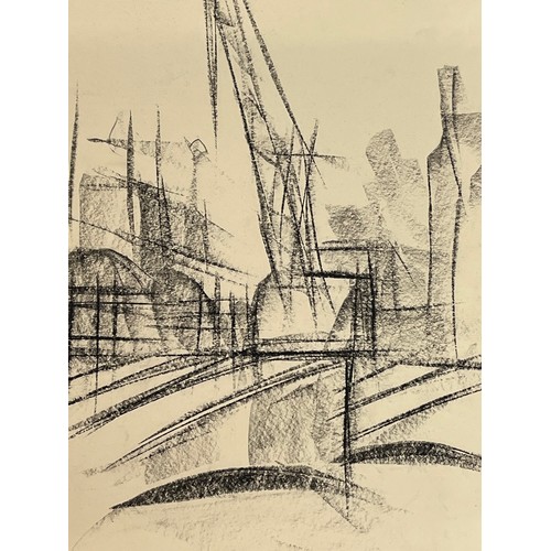 369 - Original charcoal sketch of a construction site crane at work set against surrounding buildings. 36 ... 