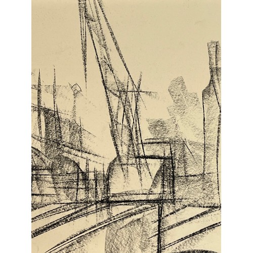 369 - Original charcoal sketch of a construction site crane at work set against surrounding buildings. 36 ... 