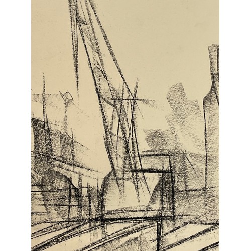 369 - Original charcoal sketch of a construction site crane at work set against surrounding buildings. 36 ... 