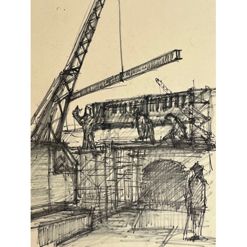 372 - Original charcoal sketch of a construction site crane lifting a beam. 36 cm x 25 cm.

This lot is av... 