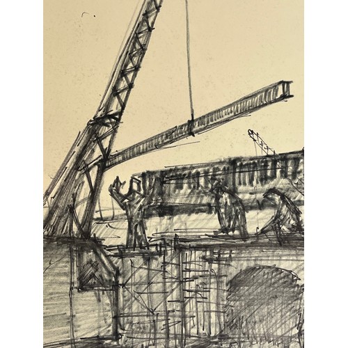 372 - Original charcoal sketch of a construction site crane lifting a beam. 36 cm x 25 cm.

This lot is av... 