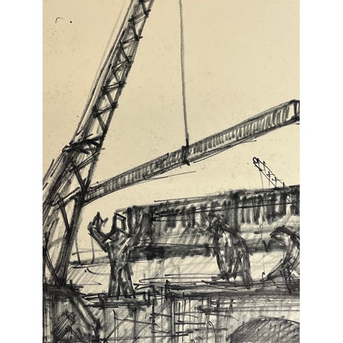 372 - Original charcoal sketch of a construction site crane lifting a beam. 36 cm x 25 cm.

This lot is av... 