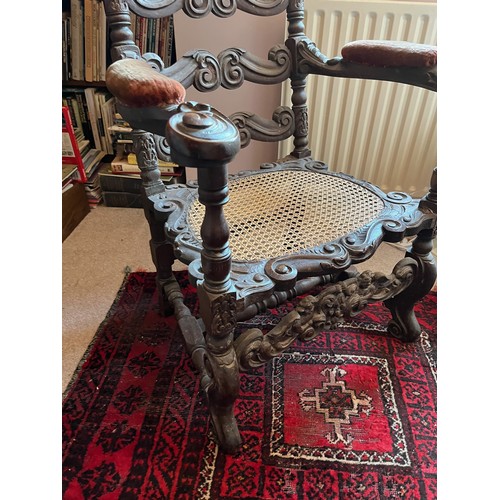 1 - Decorative antique furniture, a hand carved high backed armchair with a cane seat section and uphols... 