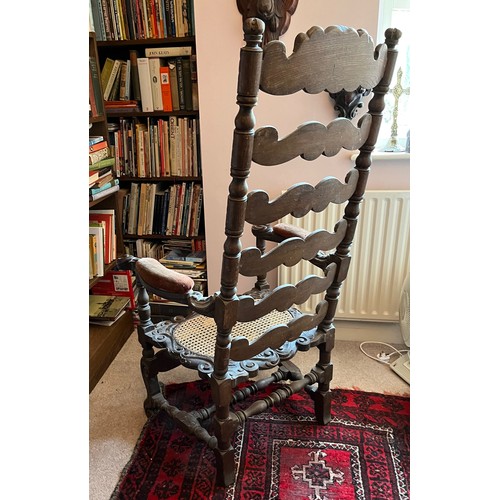 1 - Decorative antique furniture, a hand carved high backed armchair with a cane seat section and uphols... 