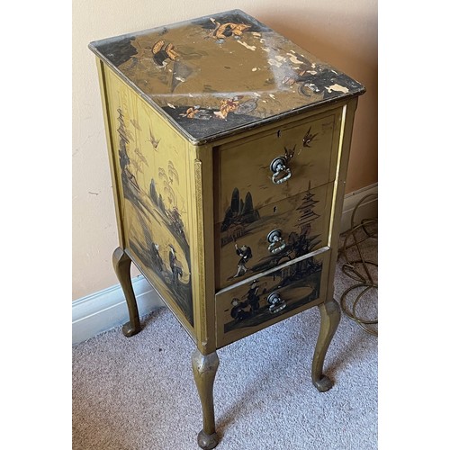 6 - C20th furniture with Chinoiserie decoration, a three drawer chest of drawers top drawer has a uphols... 