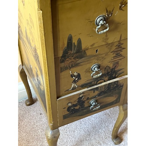 6 - C20th furniture with Chinoiserie decoration, a three drawer chest of drawers top drawer has a uphols... 