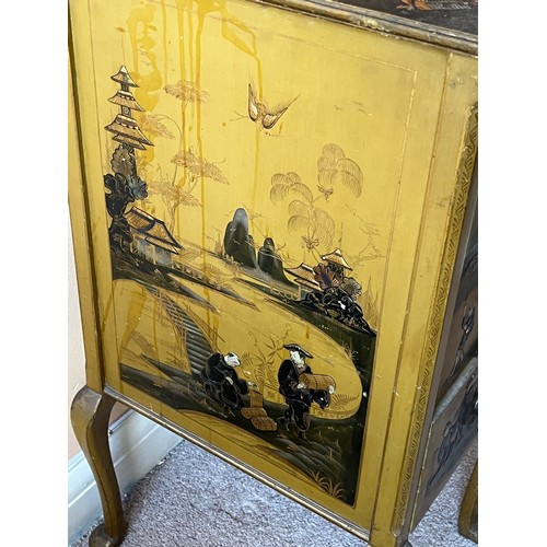 6 - C20th furniture with Chinoiserie decoration, a three drawer chest of drawers top drawer has a uphols... 