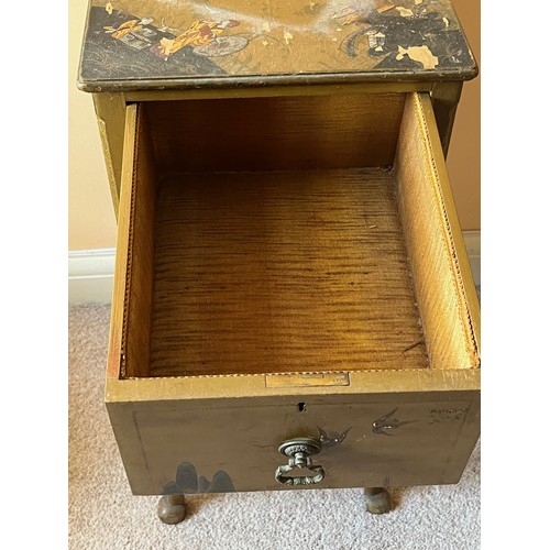 6 - C20th furniture with Chinoiserie decoration, a three drawer chest of drawers top drawer has a uphols... 