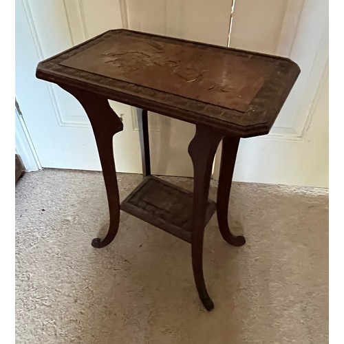 21 - A two tier side table with carved Chinoserie decoration of a Dragon and Turtles, 41 cm x 26 cm x 51.... 