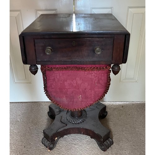 22 - A drop leaf mahogany sewing table raised on a single column base, and with a faux drawer to the rear... 