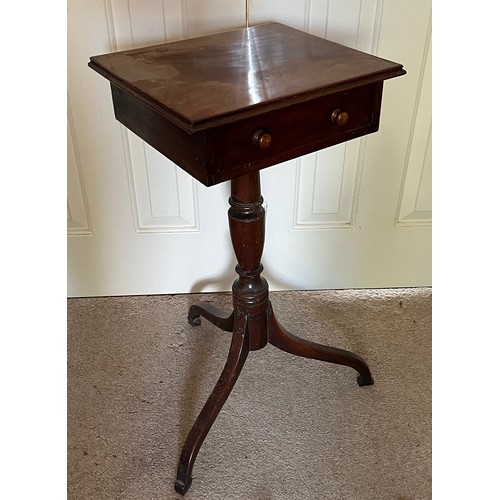 25 - A mahogany single drawer side table on a single column base, 36 cm x 30 cm x 70 cm high.

This lot i... 