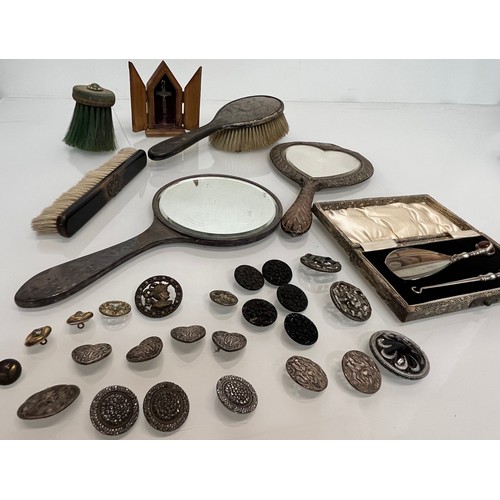 90 - Collection of mixed items, includes silver and other buttons and dressing table hand mirrors and bru... 