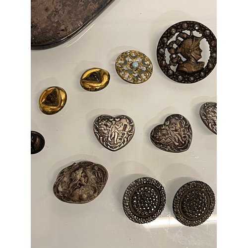 90 - Collection of mixed items, includes silver and other buttons and dressing table hand mirrors and bru... 