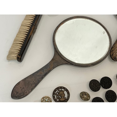 90 - Collection of mixed items, includes silver and other buttons and dressing table hand mirrors and bru... 