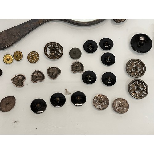 90 - Collection of mixed items, includes silver and other buttons and dressing table hand mirrors and bru... 