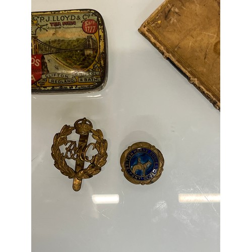 91 - Mixed items, includes a miniature portrait, a medal, enamel badges and storage pots.

This lot is av... 