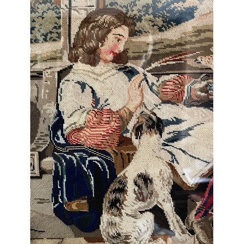 406 - Framed tapestry panel, a classical scene of a falconer. 72 cm x 80 cm.

This lot is collection only