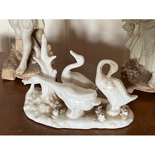 411 - A pair of classical Parian ware figures and a group of ducks.

This lot is available for in-house sh... 