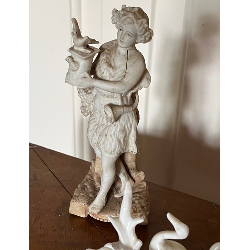 411 - A pair of classical Parian ware figures and a group of ducks.

This lot is available for in-house sh... 