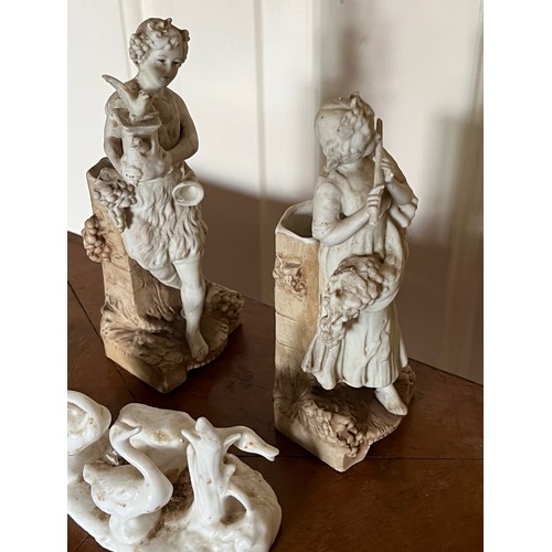 411 - A pair of classical Parian ware figures and a group of ducks.

This lot is available for in-house sh... 