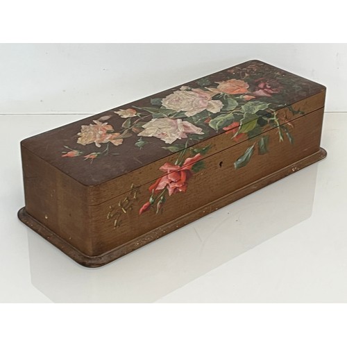 458 - A hand painted and lined wooden jewellery box decorated with roses. 36 cm x 15 cm x 9 cm.

This lot ... 