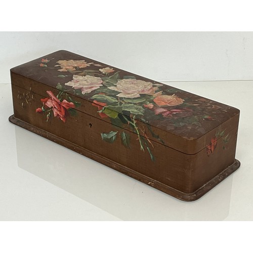 458 - A hand painted and lined wooden jewellery box decorated with roses. 36 cm x 15 cm x 9 cm.

This lot ... 