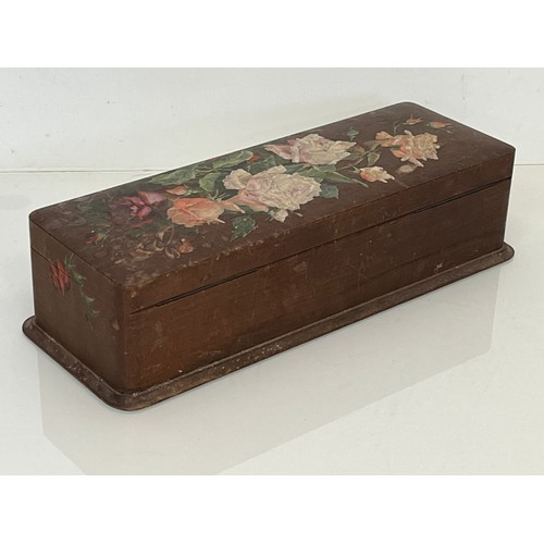 458 - A hand painted and lined wooden jewellery box decorated with roses. 36 cm x 15 cm x 9 cm.

This lot ... 