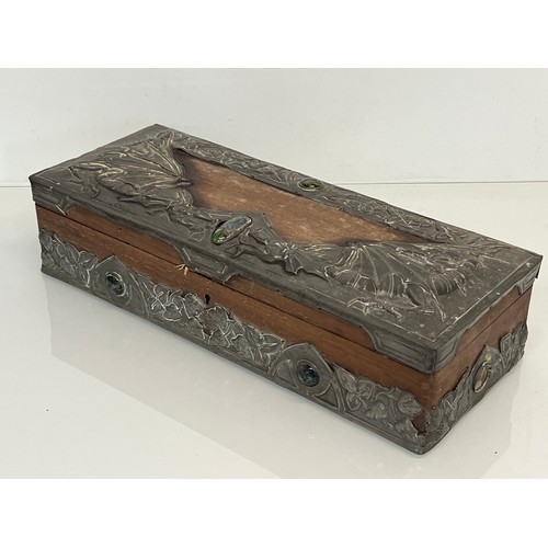 459 - A wooden box with metal bindings decorated with Caboshons, Dragons and embossed flowers. 

This lot ... 