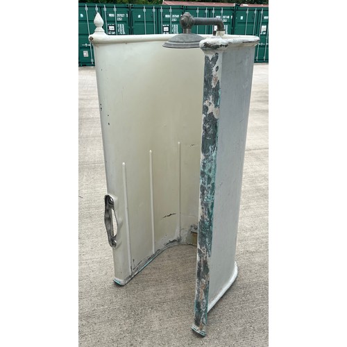 132 - Architectural salvage, cast iron bath fittings. Early C20th brass bathroom shower unit for a roll to... 