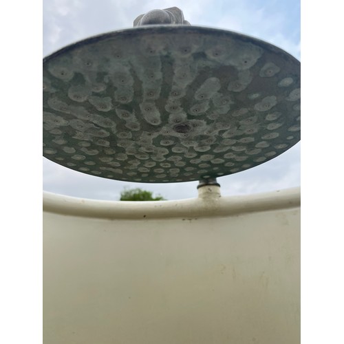 132 - Architectural salvage, cast iron bath fittings. Early C20th brass bathroom shower unit for a roll to... 