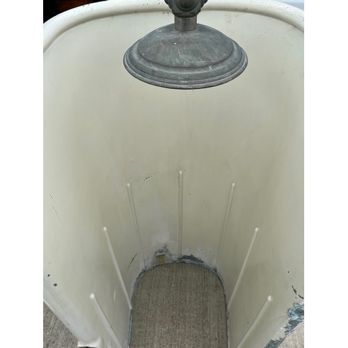 132 - Architectural salvage, cast iron bath fittings. Early C20th brass bathroom shower unit for a roll to... 