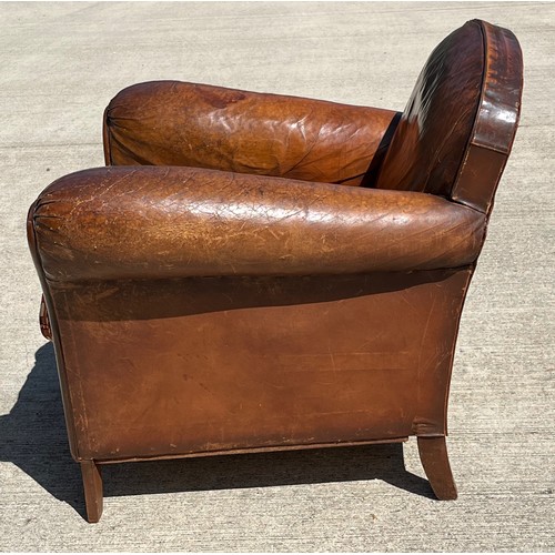 135 - Art deco brown leather armchair, 78 cm wide x 80 cm deep x 74 cm high, seat is 55 cm deep.

This lot... 