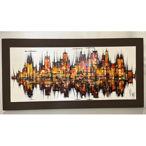 132 - A large mounted oil on board painting of a reflected modernist city scape by Maureen Clegg 1936 -201... 