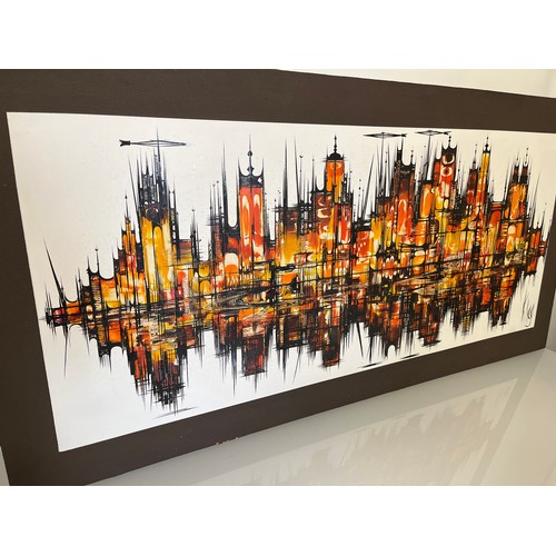 132 - A large mounted oil on board painting of a reflected modernist city scape by Maureen Clegg 1936 -201... 