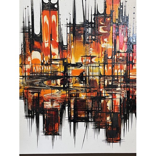 132 - A large mounted oil on board painting of a reflected modernist city scape by Maureen Clegg 1936 -201... 