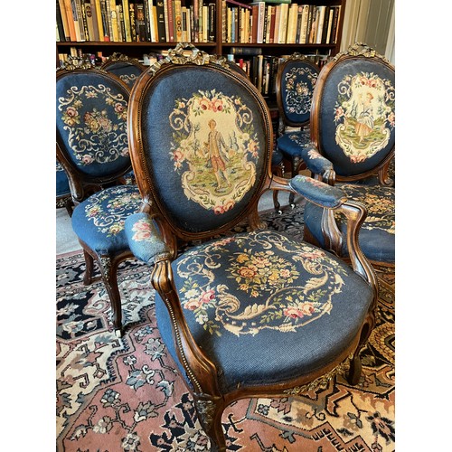 27 - Eight Victorian upholstered salon chairs with tapestry upholstered seats and back with applied ormol... 