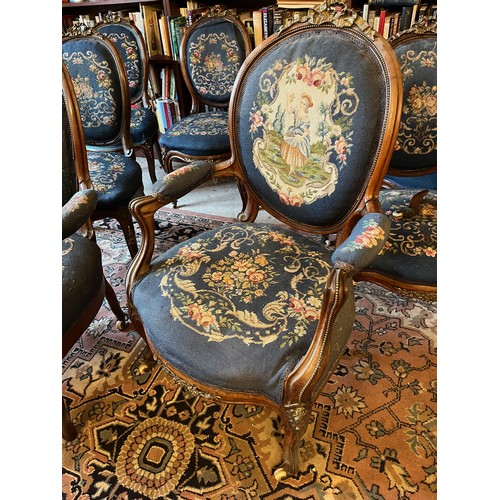 27 - Eight Victorian upholstered salon chairs with tapestry upholstered seats and back with applied ormol... 