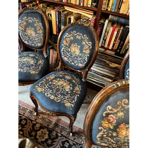 27 - Eight Victorian upholstered salon chairs with tapestry upholstered seats and back with applied ormol... 