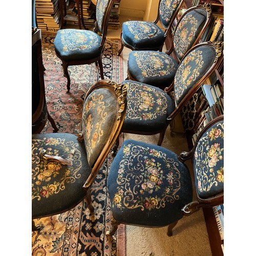 27 - Eight Victorian upholstered salon chairs with tapestry upholstered seats and back with applied ormol... 