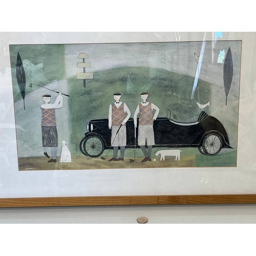 50 - Large framed golfing themed picture, two well dressed Golfers with dogs next to a 1920’s sports car.... 
