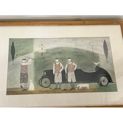 50 - Large framed golfing themed picture, two well dressed Golfers with dogs next to a 1920’s sports car.... 