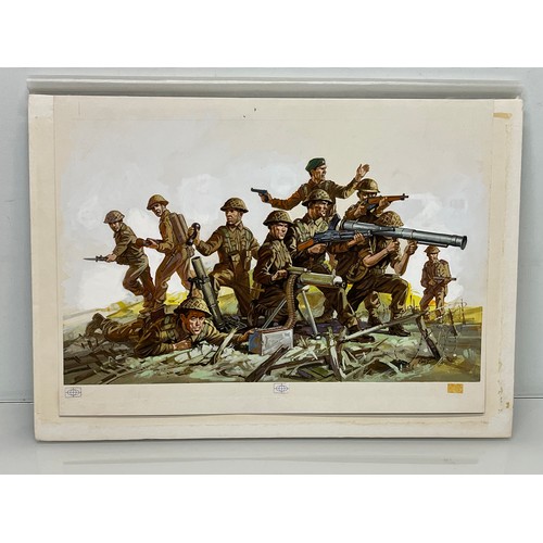 219 - Matchbox model kit original artwork, painting WWII British Infantry soldiers, showing uniforms and w... 